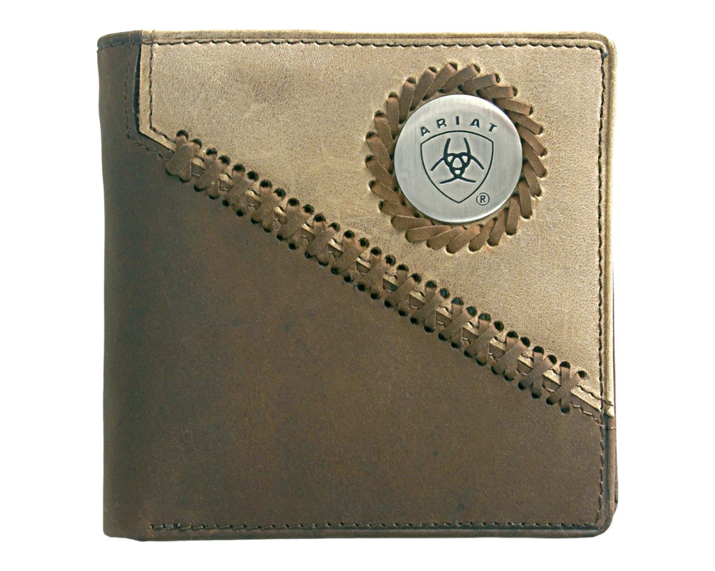 Ariat Bi-Fold Wallet comes in Dark Brown with Light Tan Accenting and a metal Ariat Logo