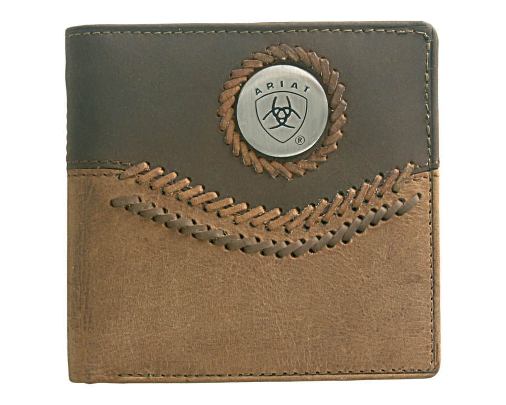 Ariat Bi-Fold Wallet comes in both Light and Dark Brown with Stitching Accents and a Metal Ariat Logo