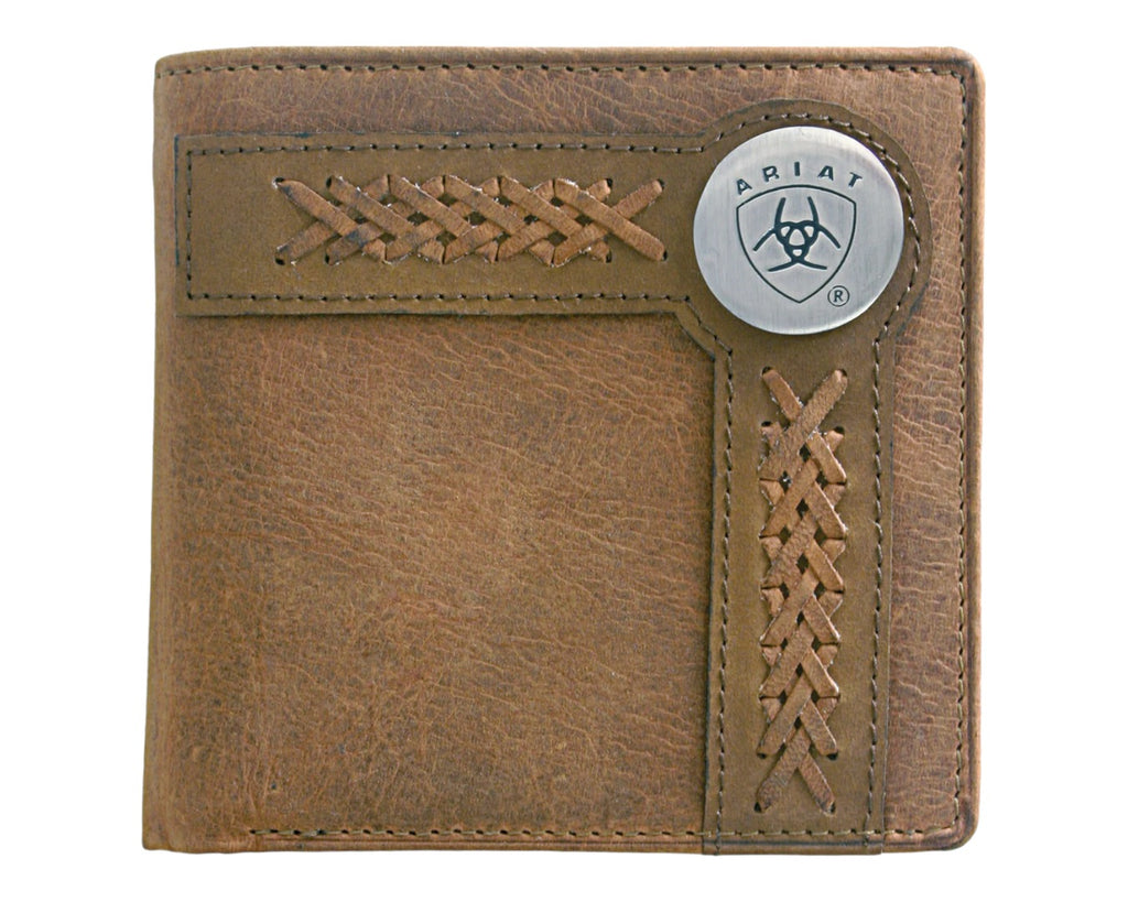 Ariat Bi-Fold Wallet comes in distressed Brown Leather with Decorative stitching overlay and a Metal Ariat Logo