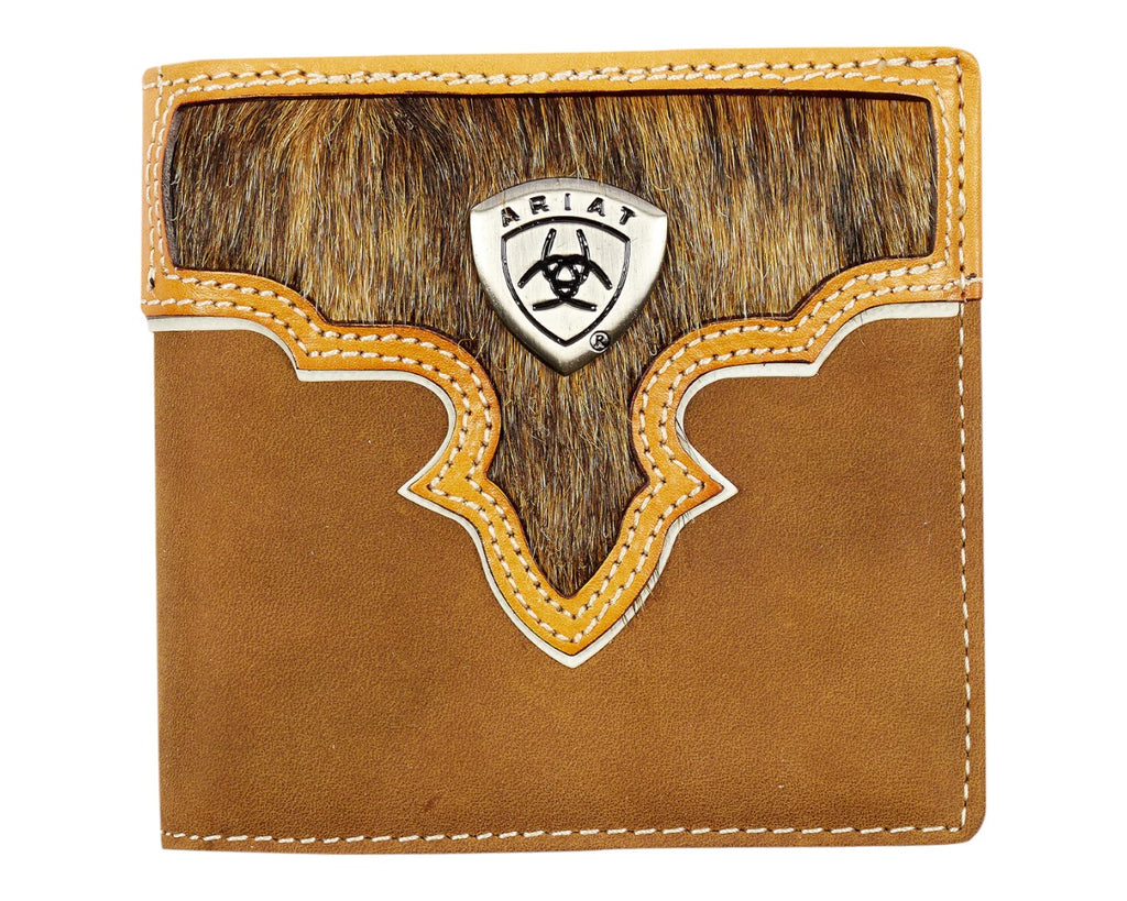 Ariat Bi-Fold Wallet in a Light Brown Leather with Animal Hair Accenting and a Metal Ariat Logo