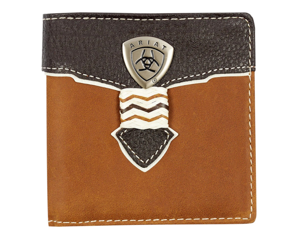 Ariat Bi-Fold Wallet in a Brown Leather with Dark Brown Leather Overlay and a Metal Ariat Logo
