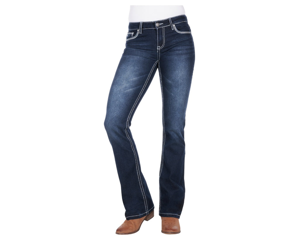 Pure Western Hannah Bootcut Jean featuring embroidery on front scoop pockets and coin pocket for peak western fashion