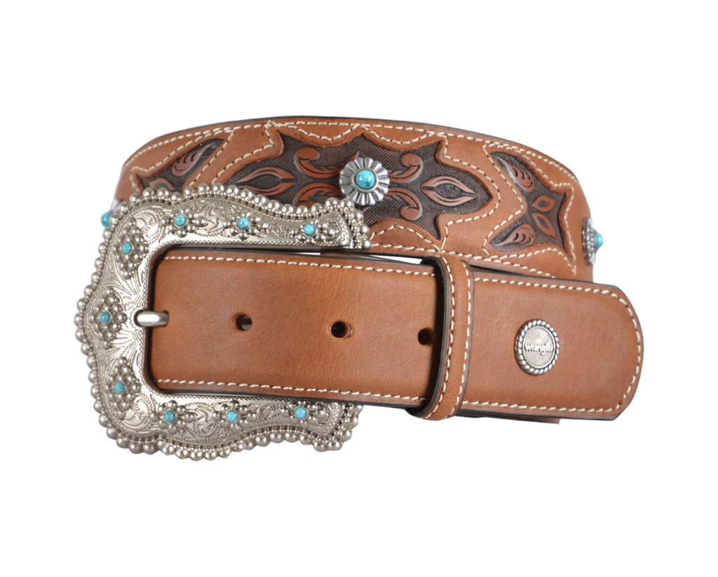 Wrangler Jessica Belt made of genuine leather with flower conchos with turquoise stones for peak western fashion