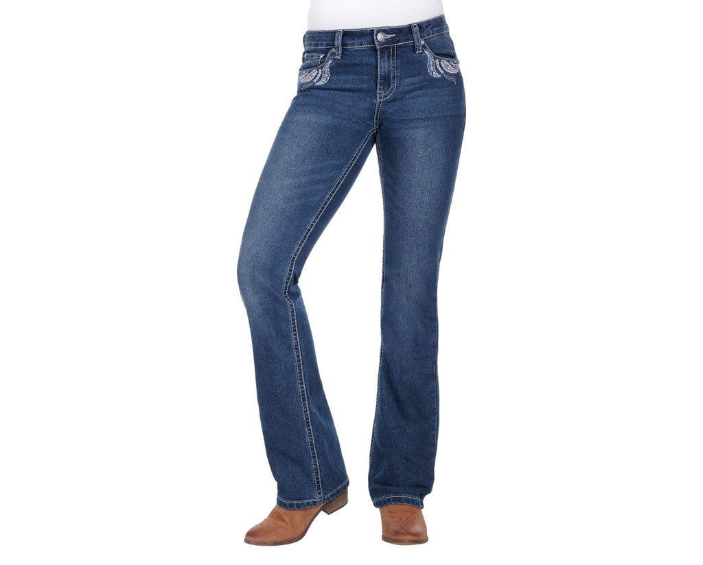 Pure Western Elora Boot Cut Jeans with feature embroidery on back pockets and front scoop pockets perfect for any fashionable lady rider