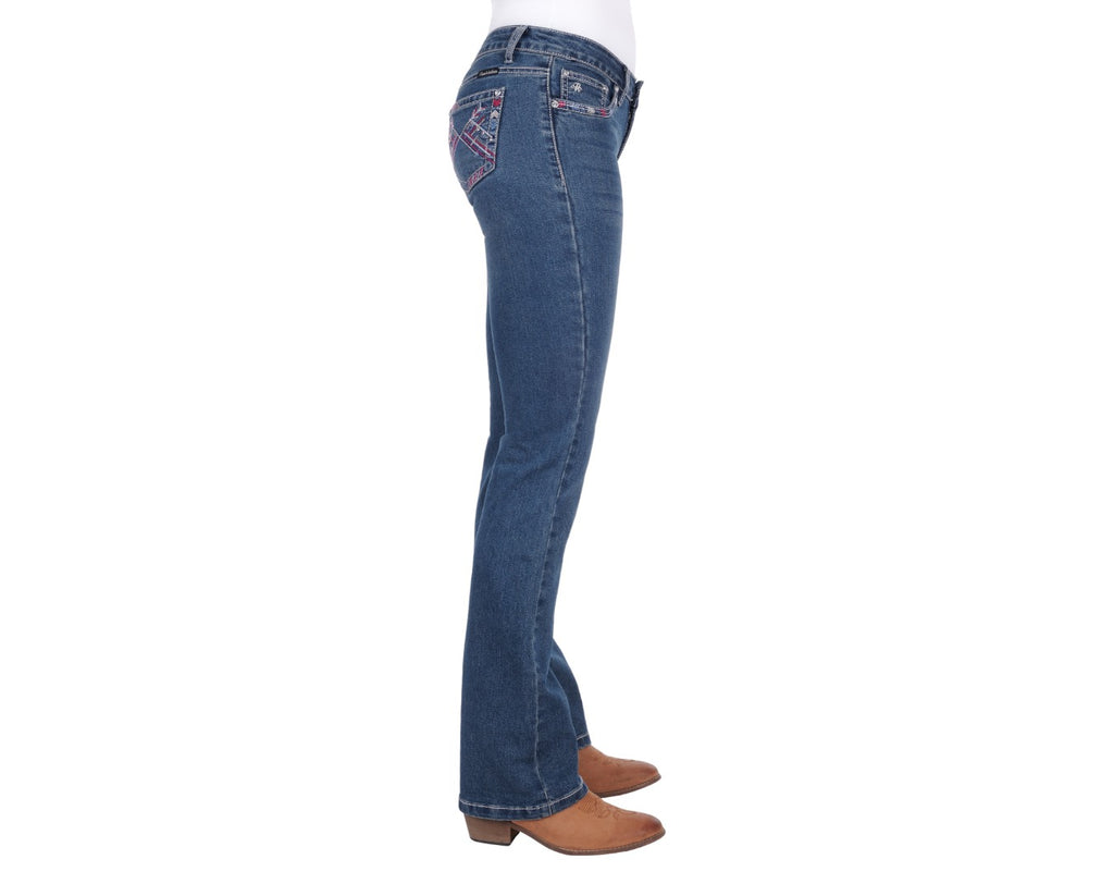 Pure Western Winona Boot Cut Jeans with feature embroidery on back pockets and front scoop pockets making this a top fashion item perfect for any rider