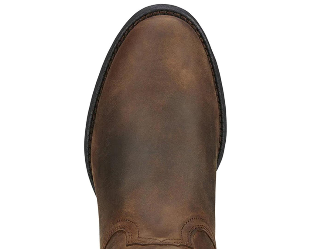 Heritage Roper Womens Boots in a Distressed Brown with Decorative stitching at the front along with the Ariat Logo stamped on. With a rubber outsole and heel.