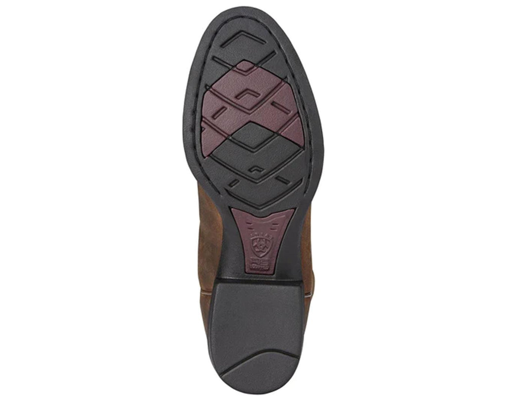 Heritage Roper Womens Boots in a Distressed Brown with Decorative stitching at the front along with the Ariat Logo stamped on. With a rubber outsole and heel.