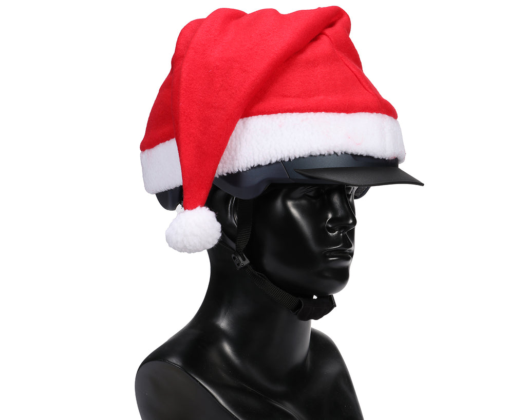 Christmas Santa Helmet Cover - Festive Santa Claus design helmet cover for equestrians. Add holiday cheer to your rides. Stretchy fabric for a secure fit. Shop now at Greg Grant Saddlery.