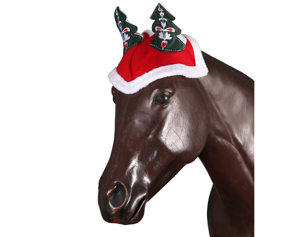 STC Christmas Horse Cap with Christmas Tree Ears - Festive horse cap featuring a Christmas tree design on the ears. Perfect for spreading holiday cheer during equestrian activities. Shop now at Greg Grant Saddlery.