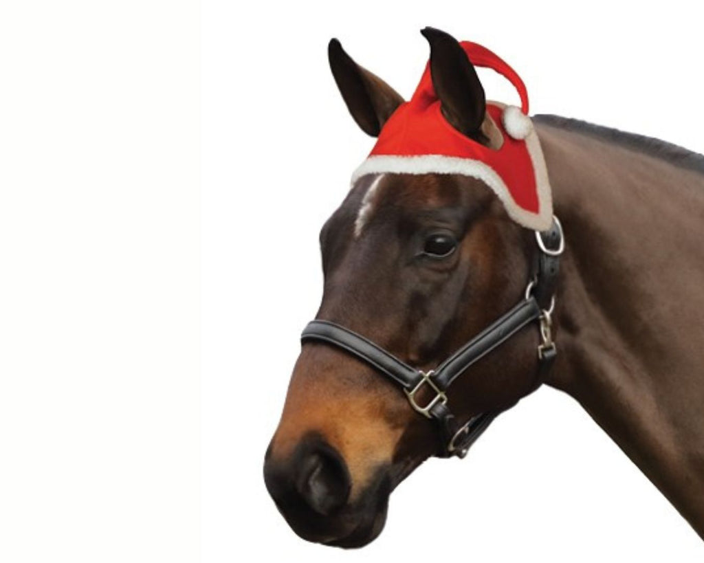 STC Christmas Horse Santa Hat - Red Santa hat with ear holes for horses. Spread holiday cheer with this adorable Christmas accessory.