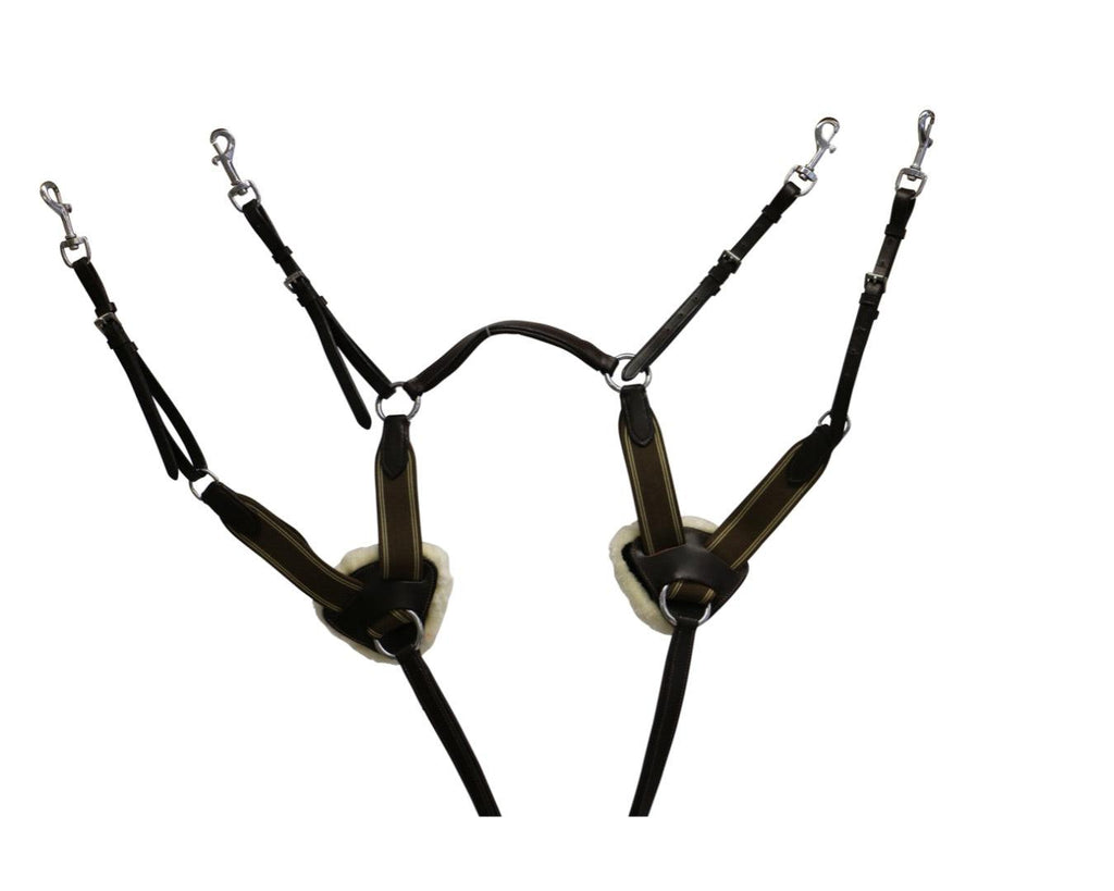 Happy Horse Five Point Breastplate - Padded leather breast pad and straps, removable Martingale rings, brass plated hardware.