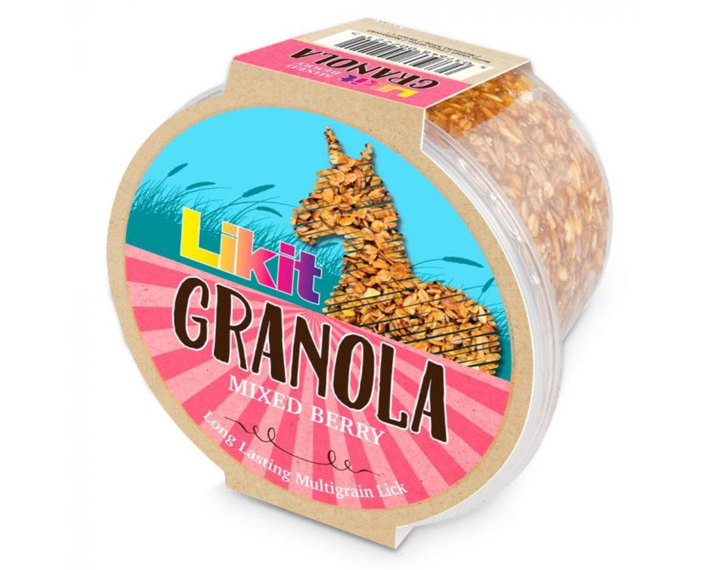 Likit Granola Horse Treat: Tasty berry-flavored lick with corn, grain, barley, and oat flakes. Designed for use with Likit Toys. 550g treat size. Mixed berry flavour