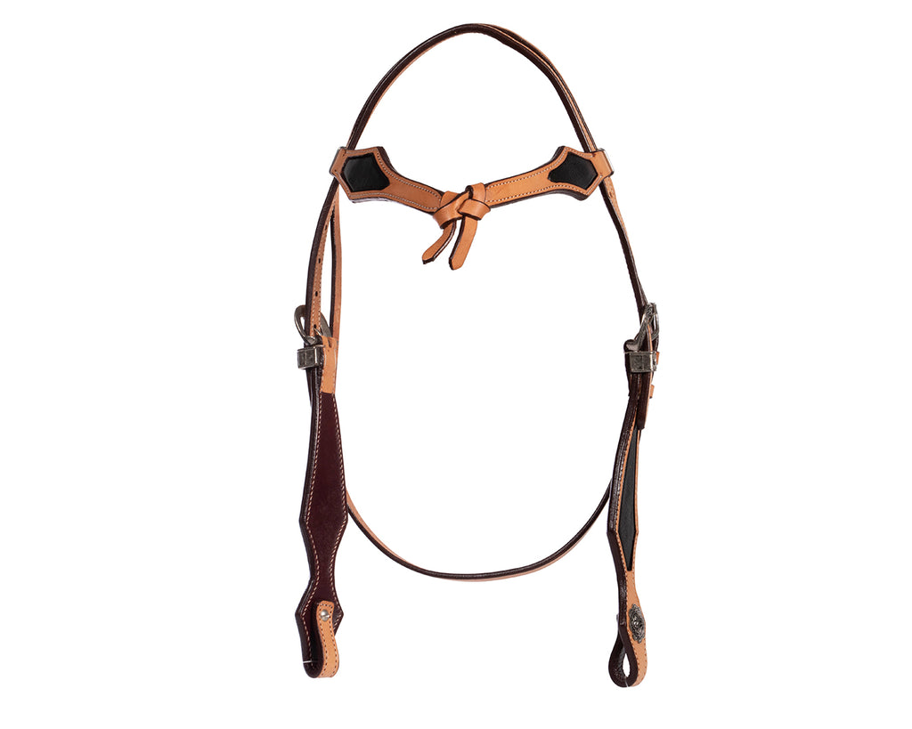 western headstall in tan-coloured leather highlighted with black diamond-shaped features