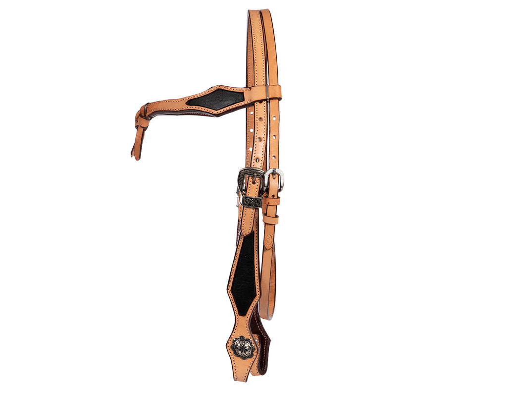 headstall in tan-coloured leather highlighted with black diamond-shaped features