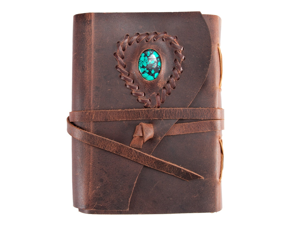 Leather Bound Journal - Brown With Turquoise Stone