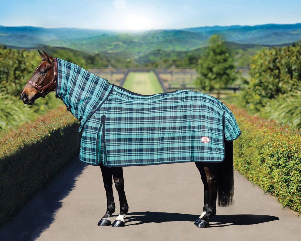 Kool Master PVC Shade Mesh Horse Rug Combo - Turquoise & Navy suitable for daily wear and made with cool mesh to keep your horse or pony comfortable during hot summer months