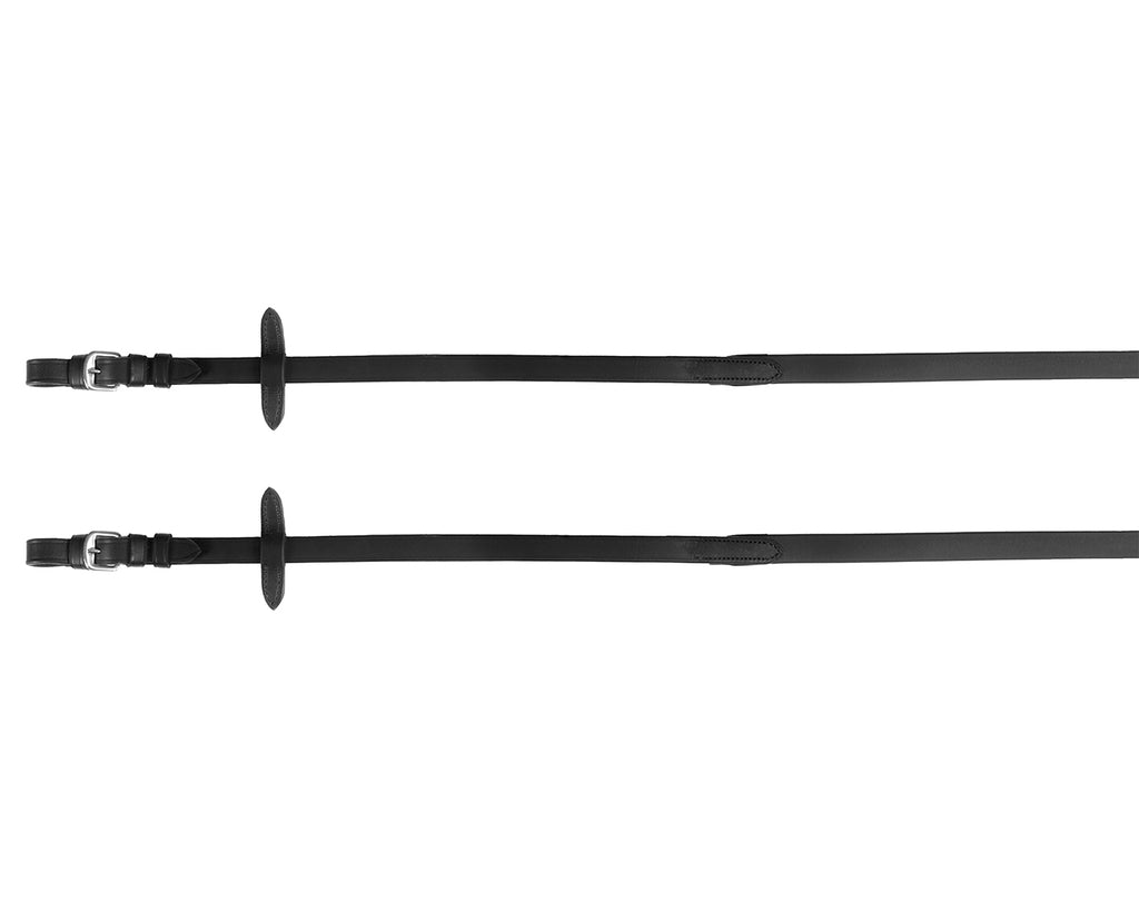 A pair of brown leather reins with a soft grip handle and a black stop, used for horse riding