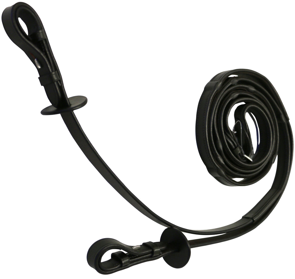 A pair of brown leather reins from Jeremy & Lord with leather-covered stops. The reins are made of soft nappa leather and have a smooth finish. They are being held by a hand, with the grip stops visible. These reins are useful for training and maintaining an even rein length while riding.