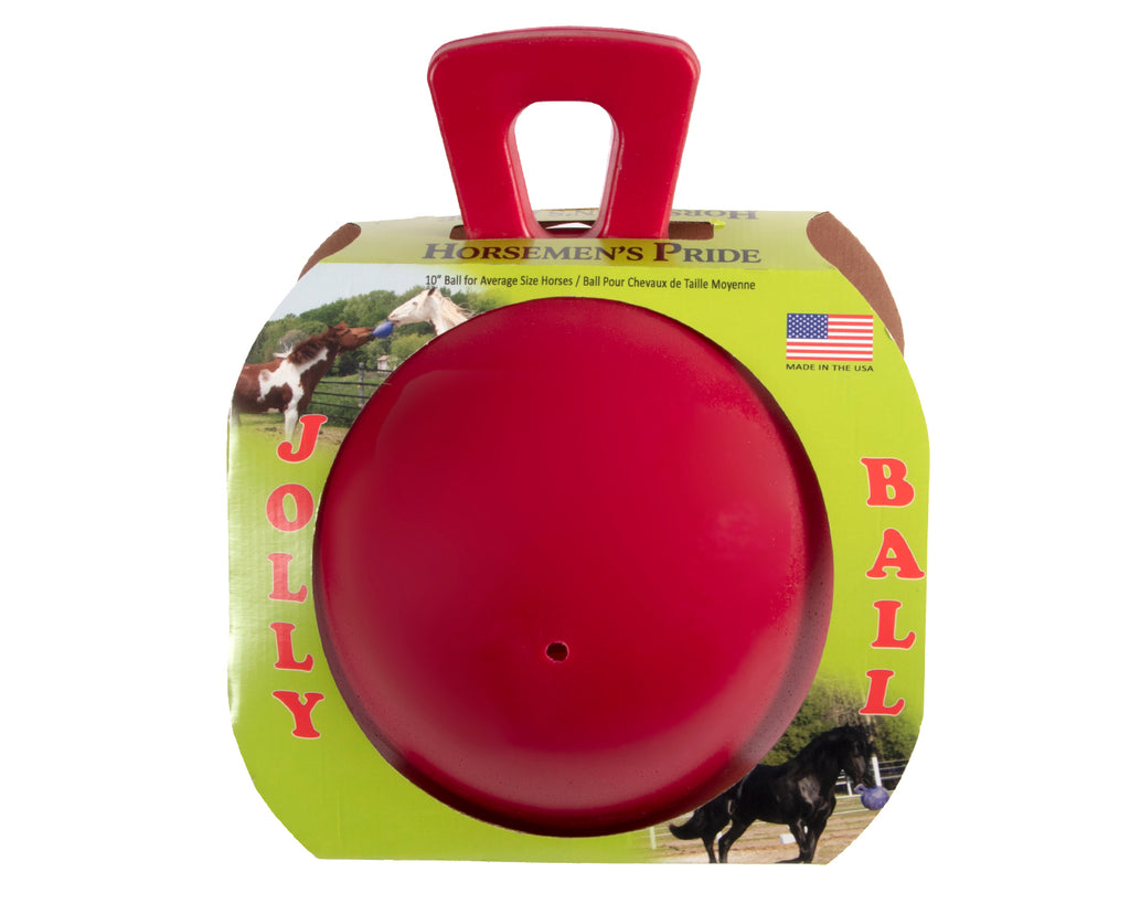 A 10" red Jolly Ball, a durable and puncture-resistant play toy for horses. The ball does not require air to inflate and is suitable for relieving boredom and stress.